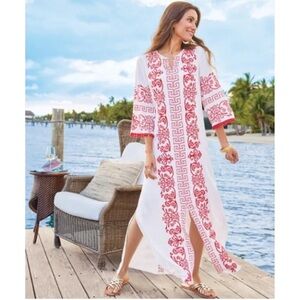 SOFT SURROUNDINGS Embroidered Kaftan Maxi Dress Travel Almafi Coast Greece Trave